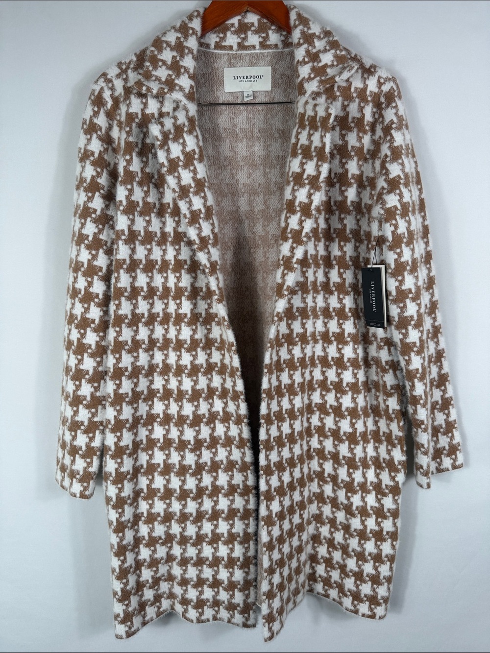 Liverpool Houndstooth Open-Front Coatigan Cream & Camel. Size L. NWT. Soft!!